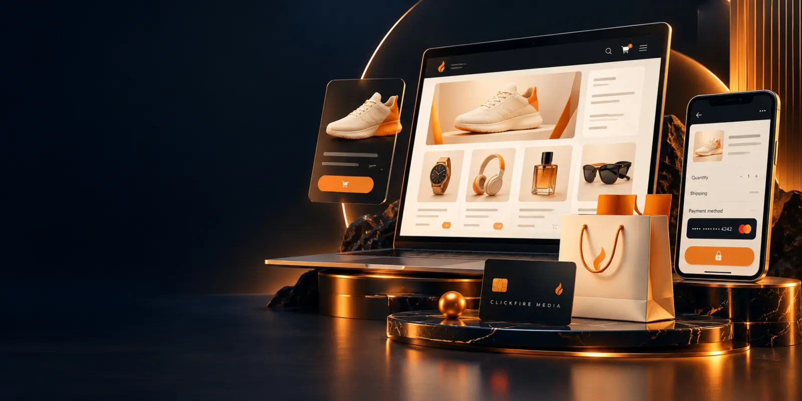 Online store with product pages on laptop, tablet and phone