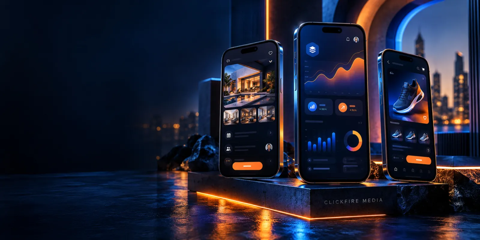Mobile app screens on several smartphones