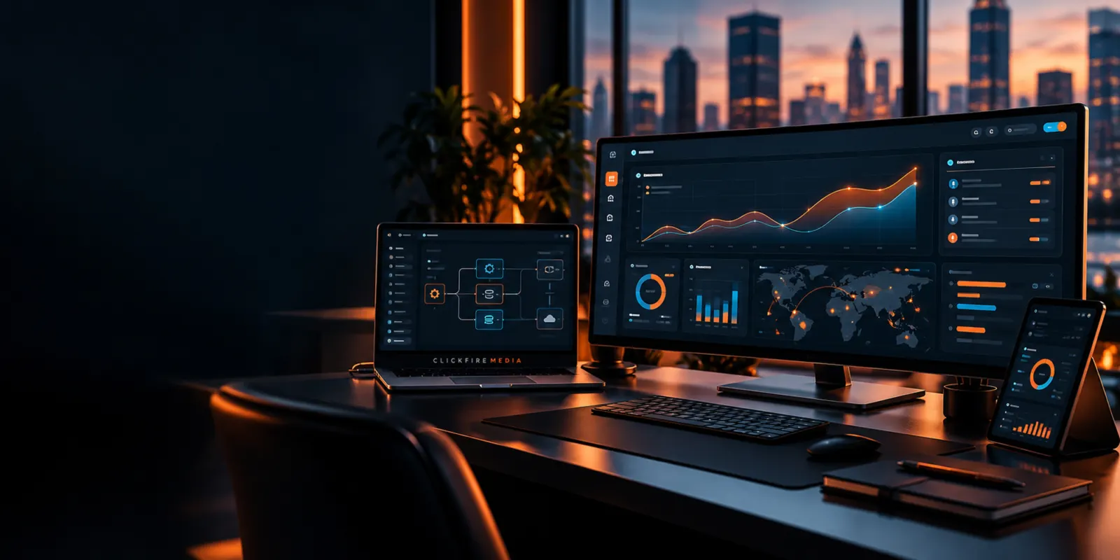 Business dashboard software with charts on multiple monitors